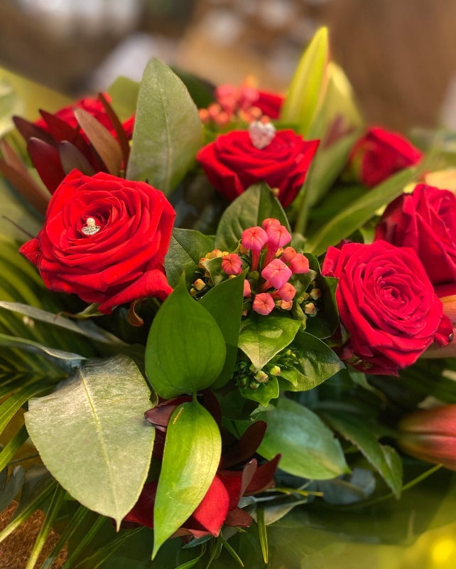 Lily and red rose bouquet