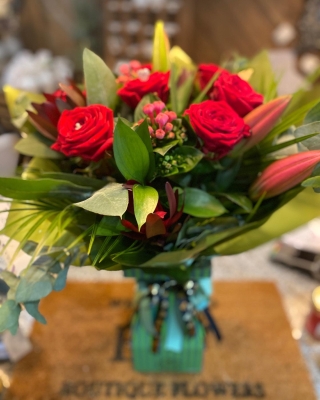 Lily and red rose bouquet